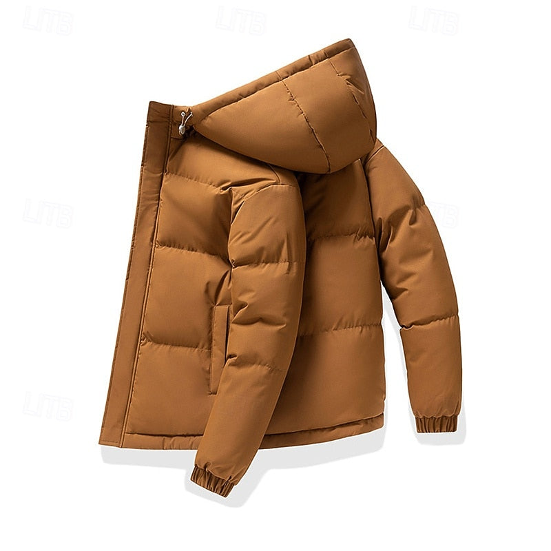 Hooded Puffer Jacket with Thick Padded Insulation and Adjustable Hood, Elastic Cuffs