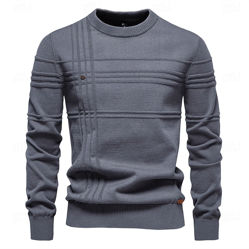 Textured Crewneck Sweater with Tailored Fit and Woven Fabric for Fall Winter