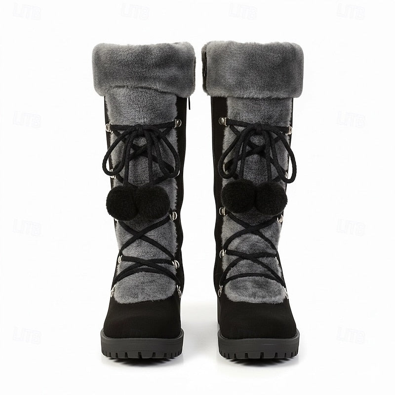 Mid Calf Winter Boots with Lace Up Design and Fur Trim Block Heel