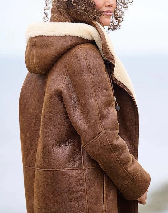 Womens Faux Shearling Hooded Toggle Coat with Thigh-Length Coverage