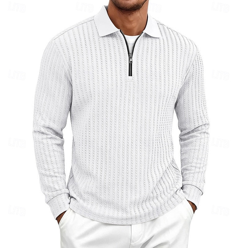 Mens Textured Quarter-Zip Polo Shirt with Long Sleeves and Regular Fit