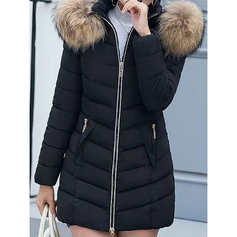 Hooded Quilted Parka with Adjustable Hood and Side Pockets, Mid Thigh Length
