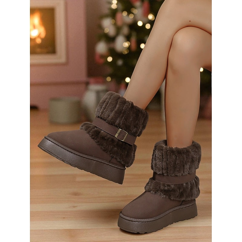 Womens Ankle Snow Boots with Fur Trim and Grip Sole With Plush Lined