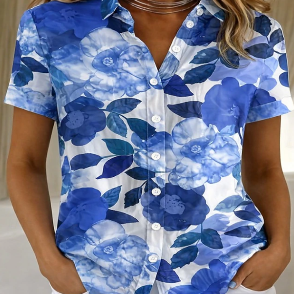 Versatile women's floral button-up shirt. A lightweight short sleeve blouse, perfect for spring and summer casual wear.