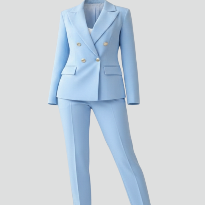 Women's double-breasted two-piece suit set. Tailored formal wear for office & business casual.