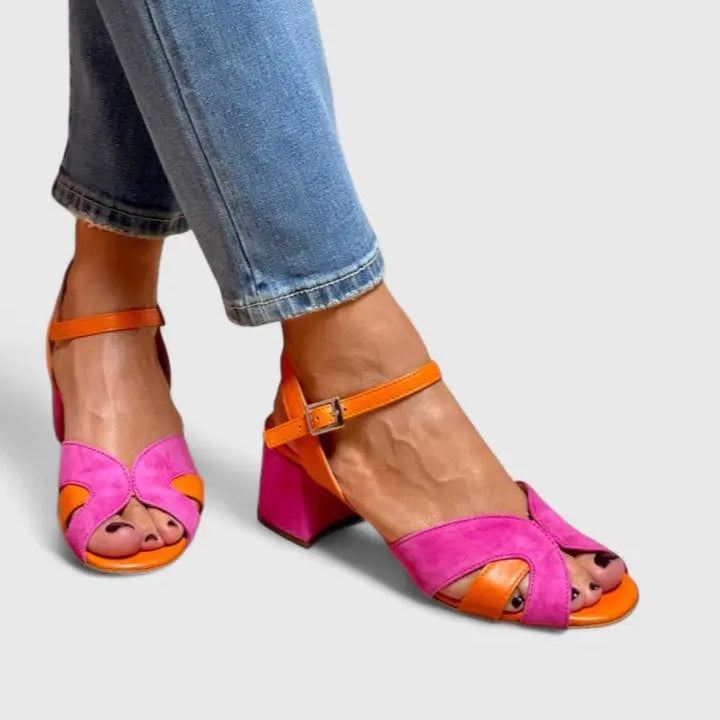 Vibrant women's block heel sandals with secure ankle strap & orthopedic support for casual summer fashion.