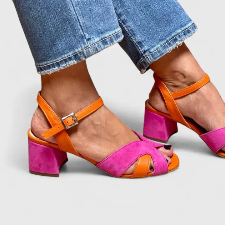 Comfortable women's orthopedic block heel sandals, pink orange with sturdy ankle strap for all-day wear.