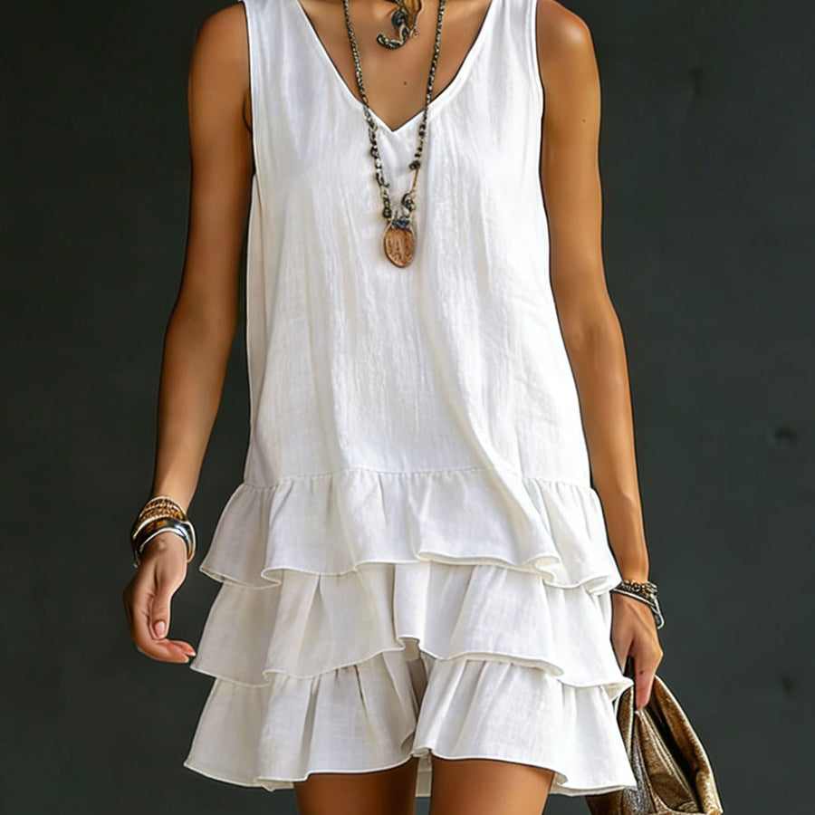 Women's tiered ruffle mini dress with V-neck, sleeveless design. Perfect casual summer or spring fashion.