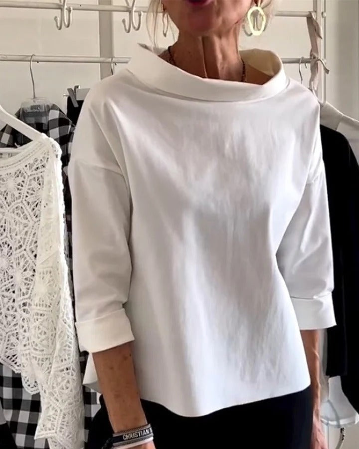 Womens High Collar Top with Three Quarter Sleeves and Relaxed Fit