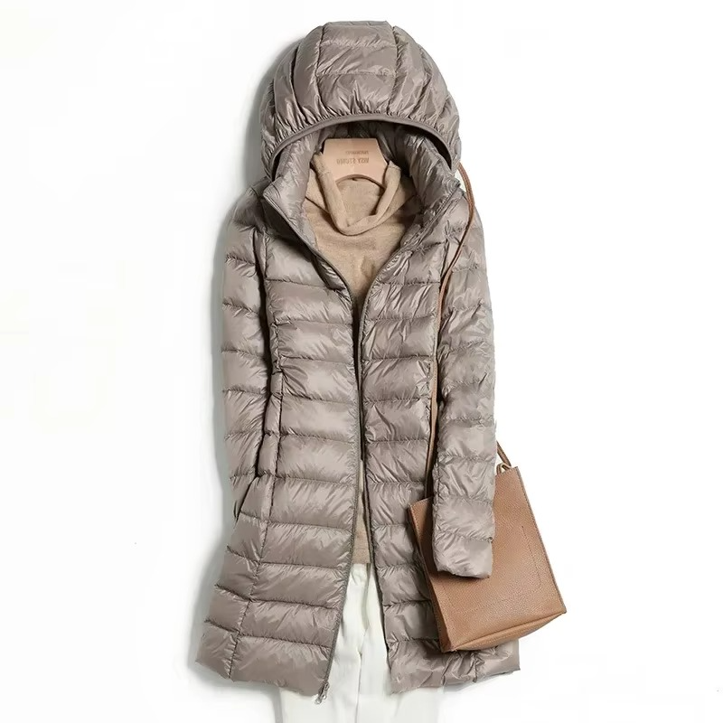 Womens Long Down Parka with Detachable Hood and Slim Fit
