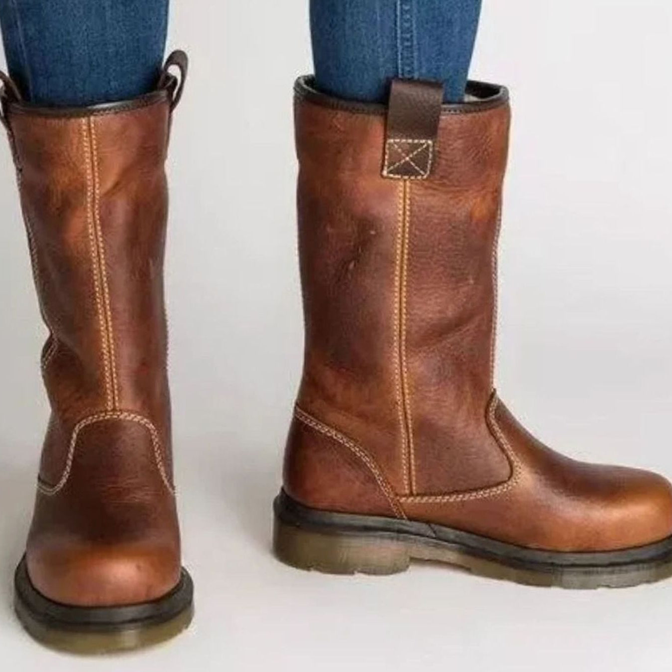 Women's Mid-Calf Round-Toe Pull-On Lined Leather Boots - Brown