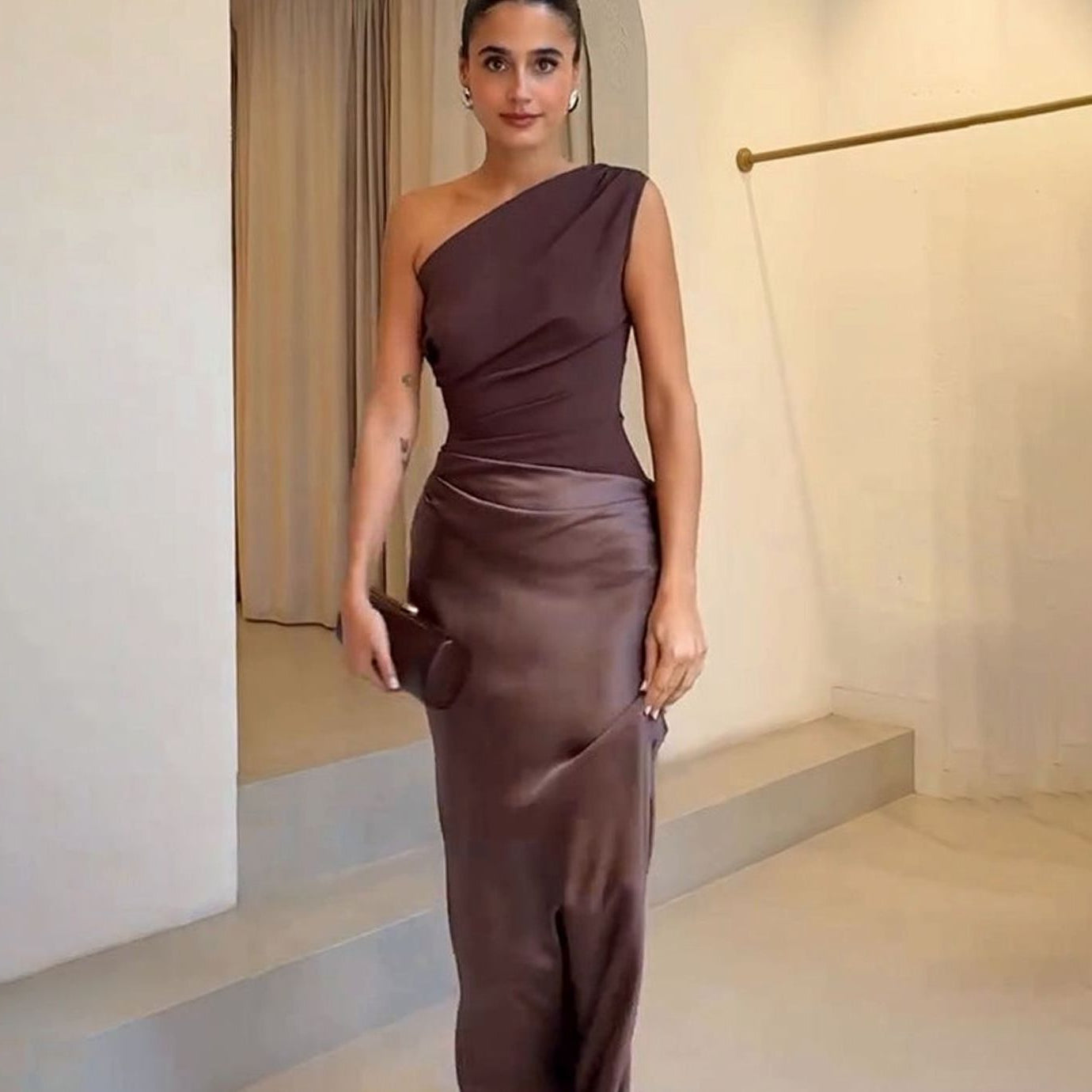 Women's One-Shoulder Ruched Satin Elegant Maxi Dress