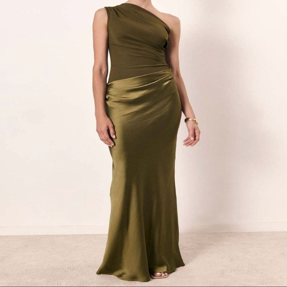 Women's One-Shoulder Ruched Satin Elegant Maxi Dress