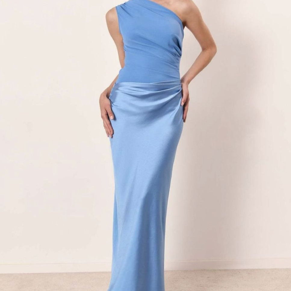 Women's One-Shoulder Ruched Satin Elegant Maxi Dress