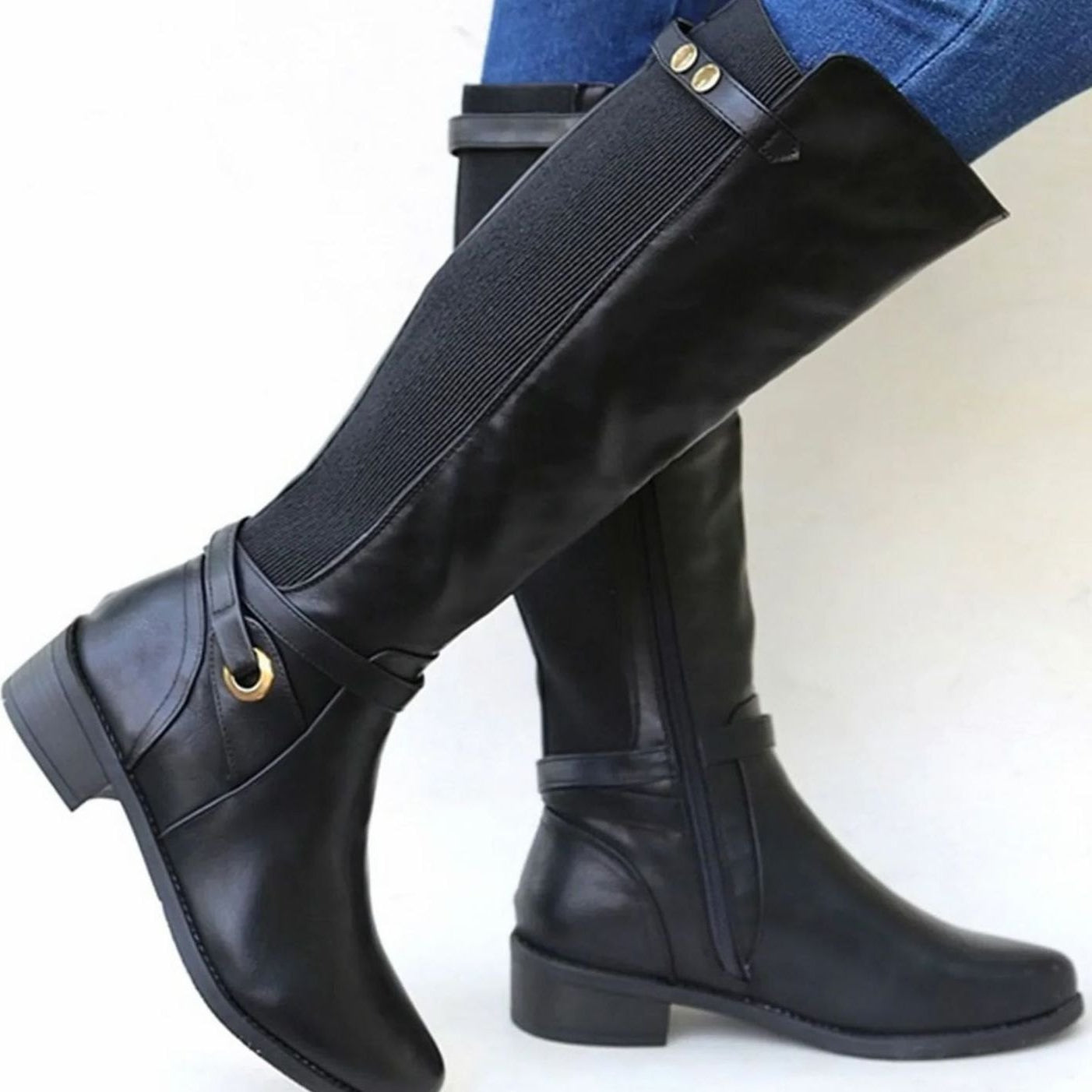 Women's Orthopedic Knee-High Riding Leather Boots - Black