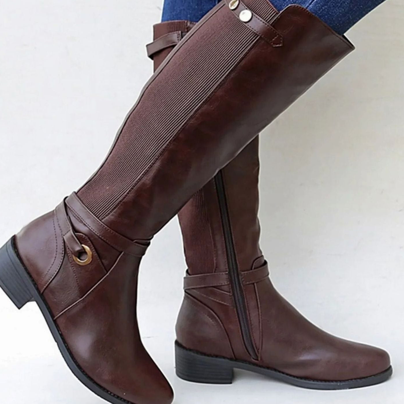 Women's Orthopedic Knee-High Riding Leather Boots - Brown