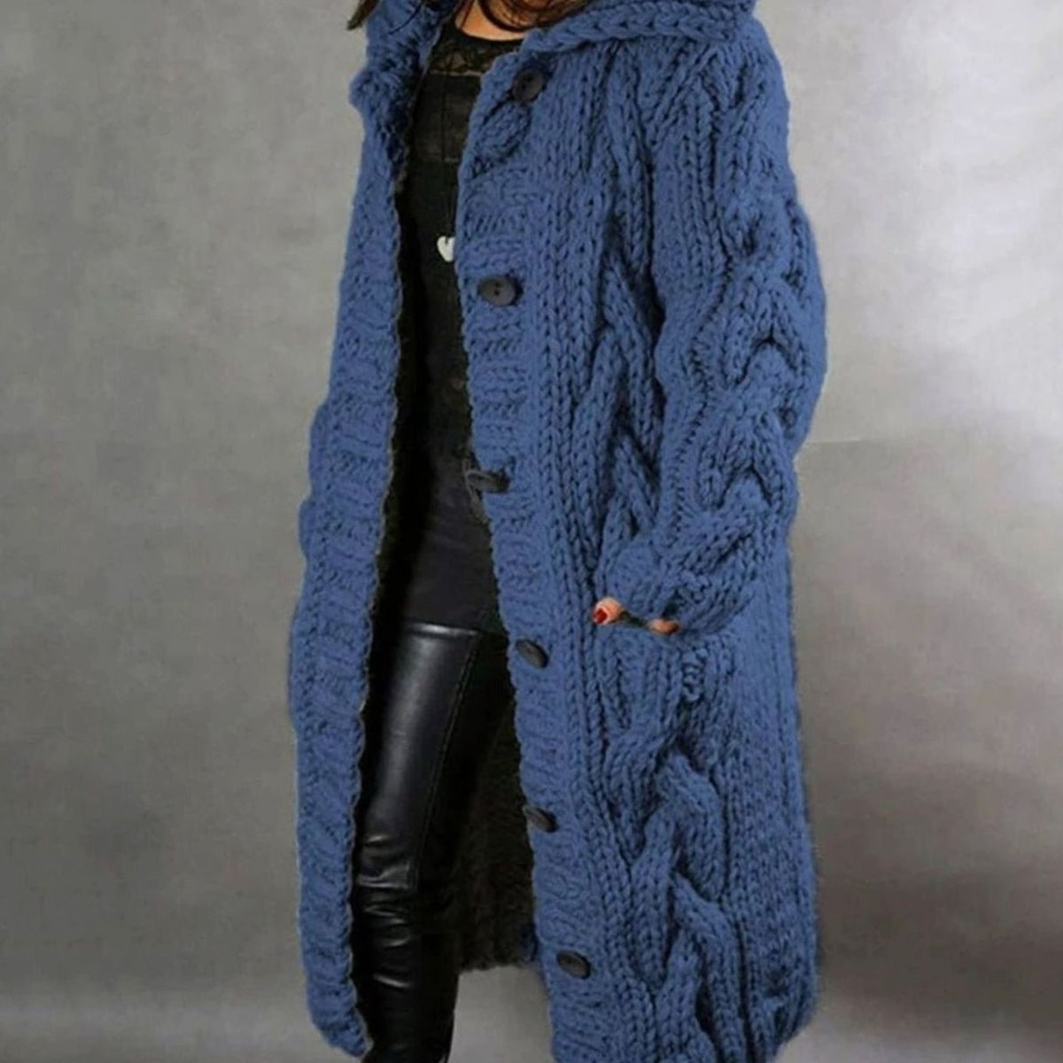 Women's Oversized Cable Knit Hooded Button Cardigan - Blue