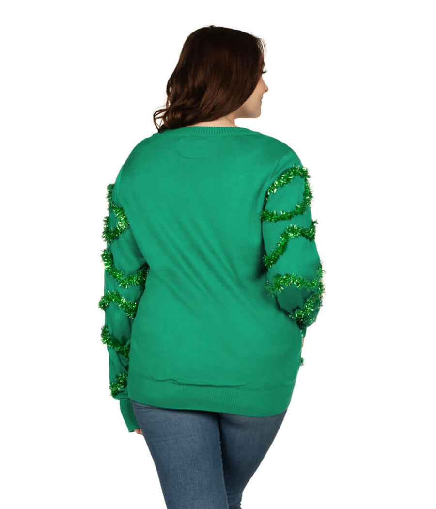 Button Front Christmas Cardigan with Sewn Ornaments and Metallic Tinsel, Plus Size