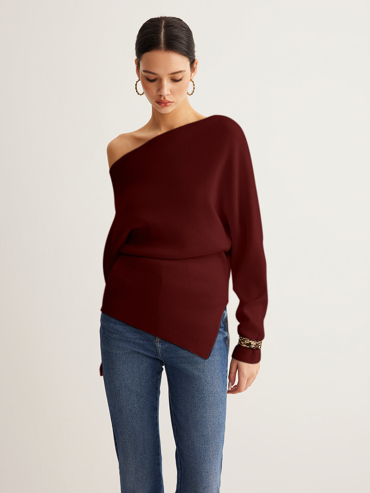 Cold Shoulder Sweater with Pleated Knit and Wool Blend Fabric