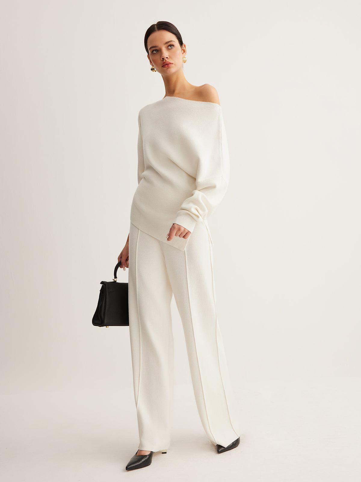 Cold Shoulder Sweater with Pleated Knit and Wool Blend Fabric
