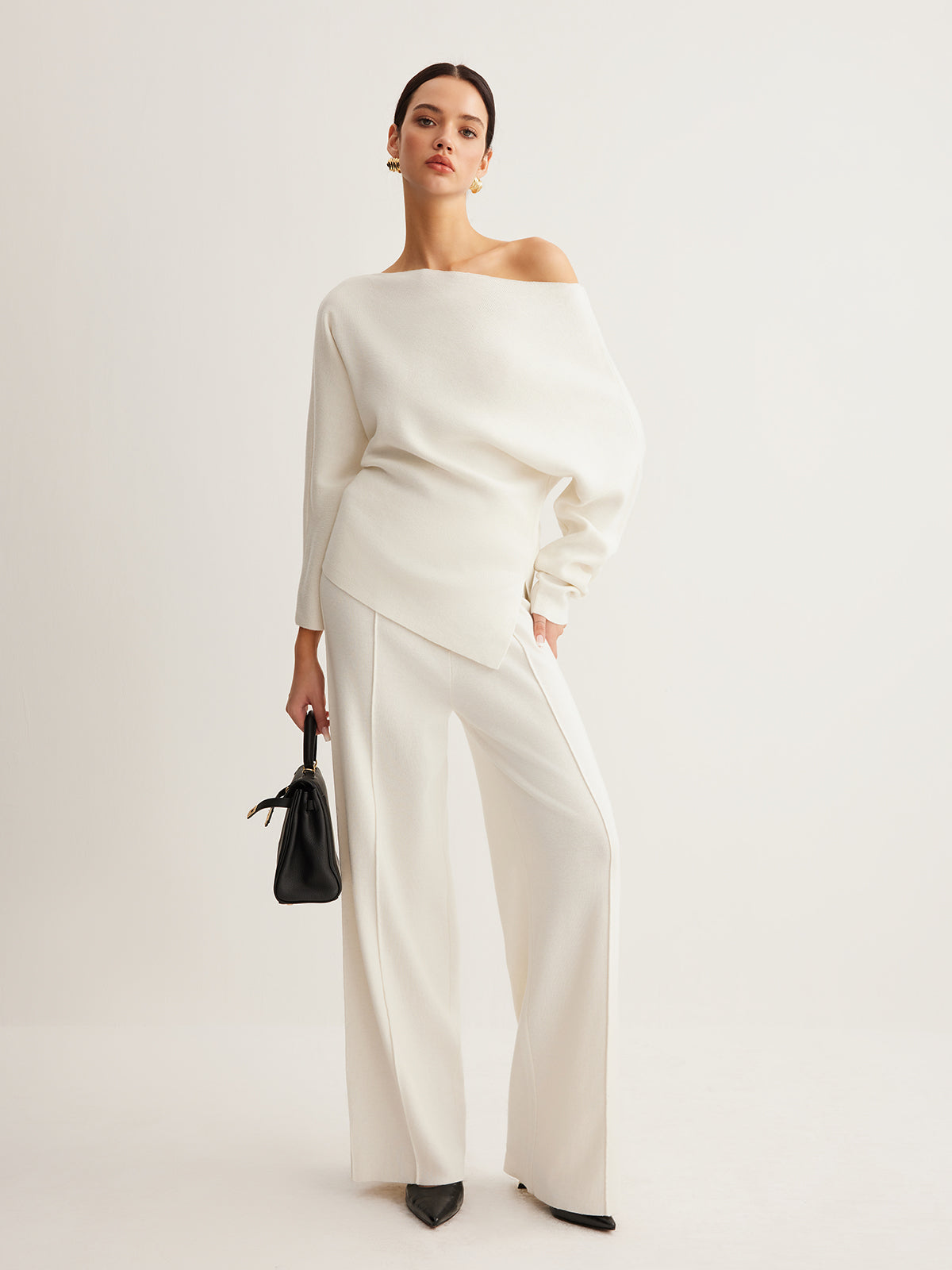 Cold Shoulder Sweater with Pleated Knit and Wool Blend Fabric