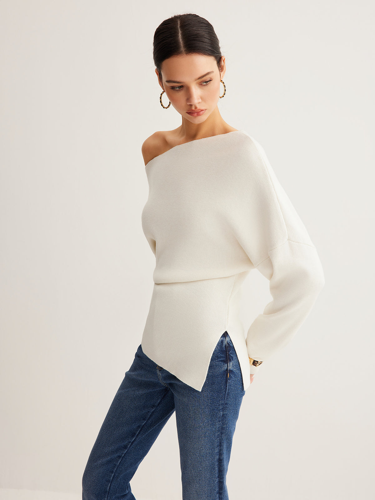 Cold Shoulder Sweater with Pleated Knit and Wool Blend Fabric