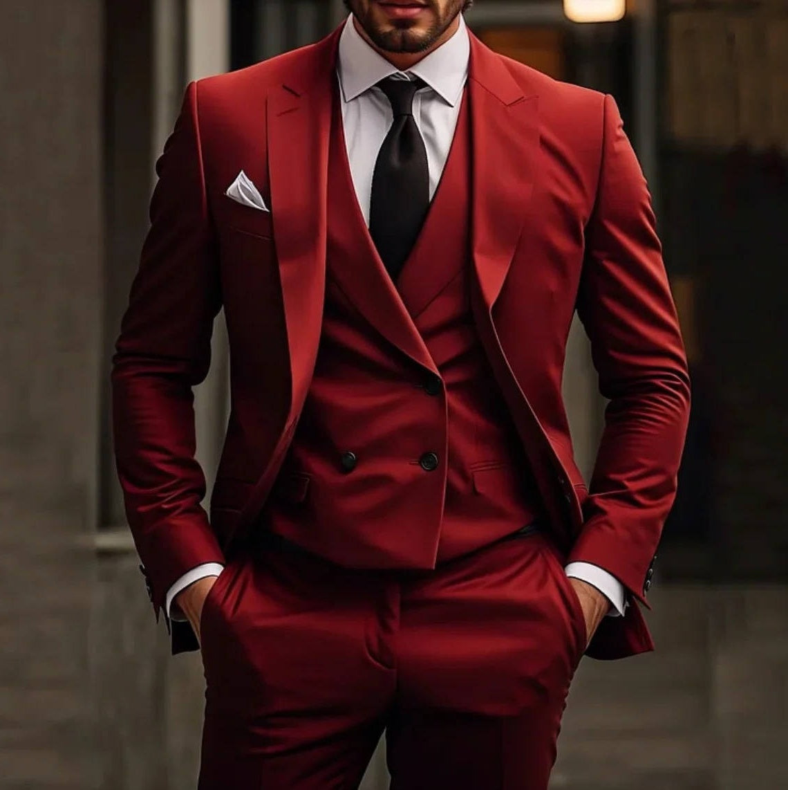 Wool Blend Three Piece Suit with Double Breasted Waistcoat and Peak Lapels, Slim Fit