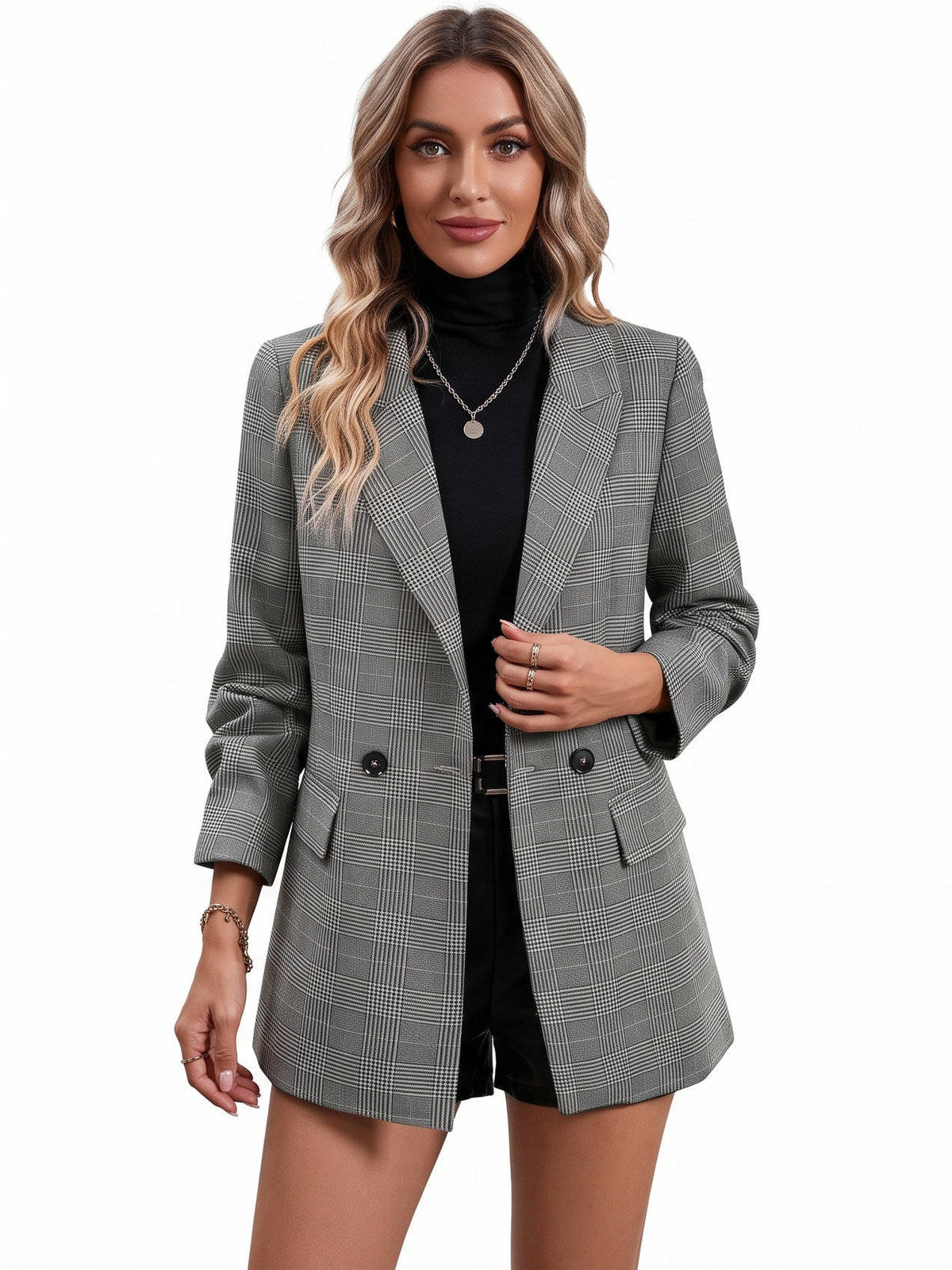 Womens Plaid Houndstooth Blazer, Business Casual Fall Jacket