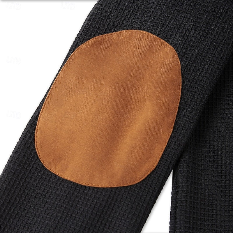 Quarter Zip Pullover with Textured Fabric and Elbow Patches, Chest Pocket