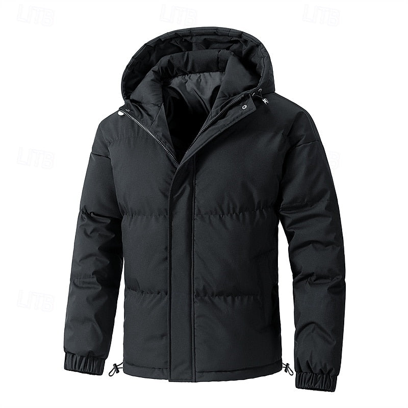 Hooded Puffer Jacket with Thick Padded Insulation and Adjustable Hood, Elastic Cuffs