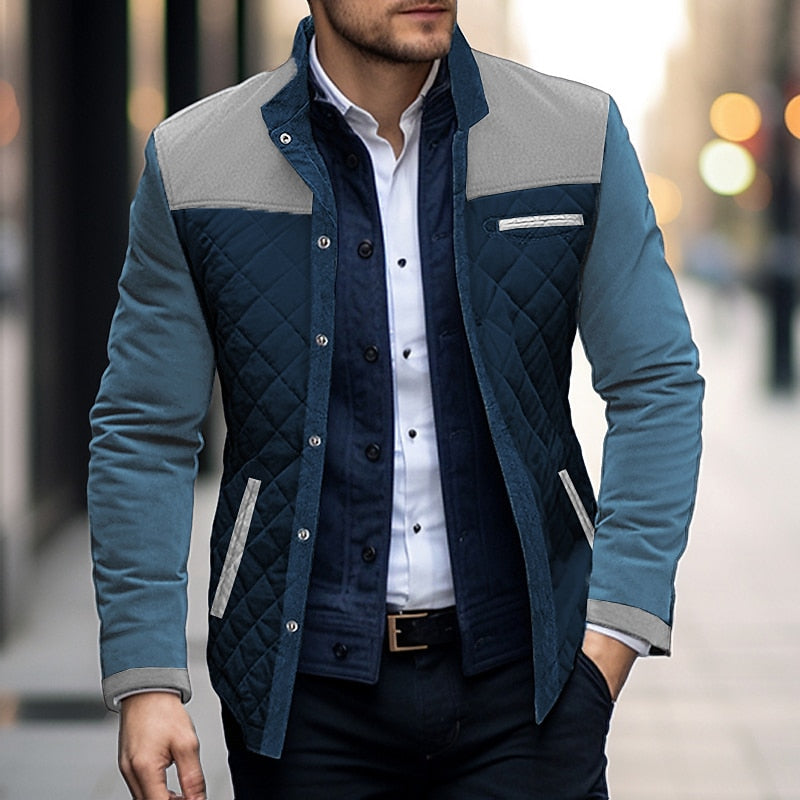 Quilted Jacket with Contrasting Shoulder Panels and Stand Collar, Two Front Pockets