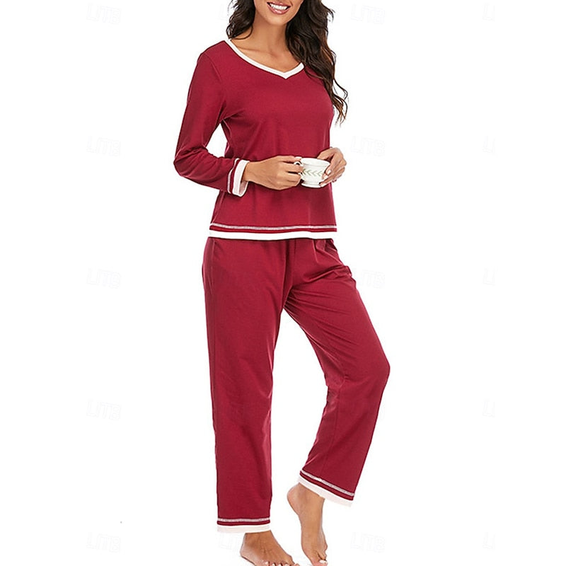 Womens Two Piece Lounge Set with Long Sleeve V Neck Top and Elastic Waist Trousers