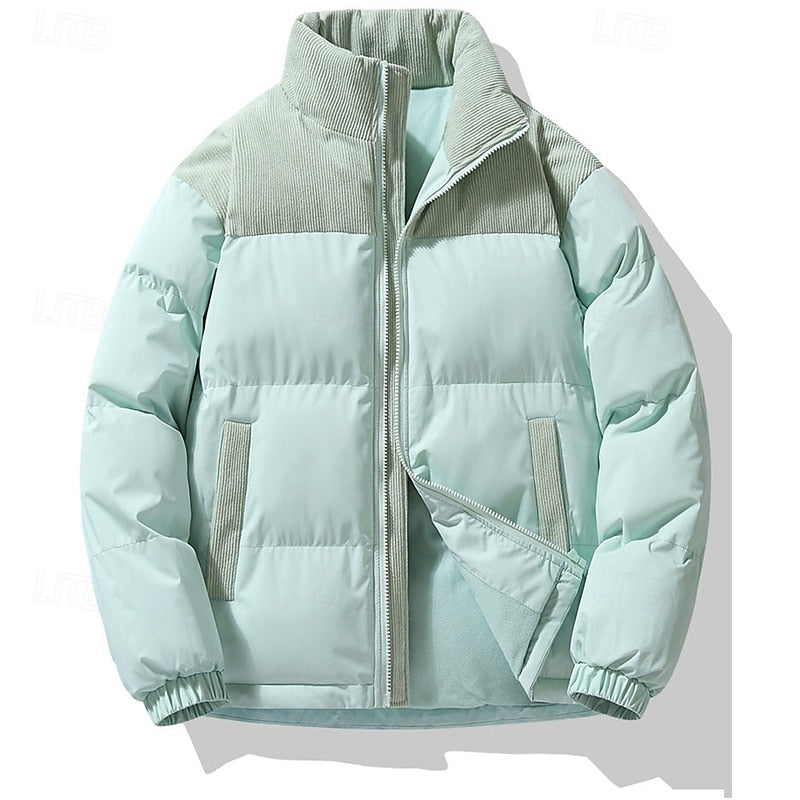 Padded Puffer Jacket with Stand Collar and Full Front Zipper, Two Pockets