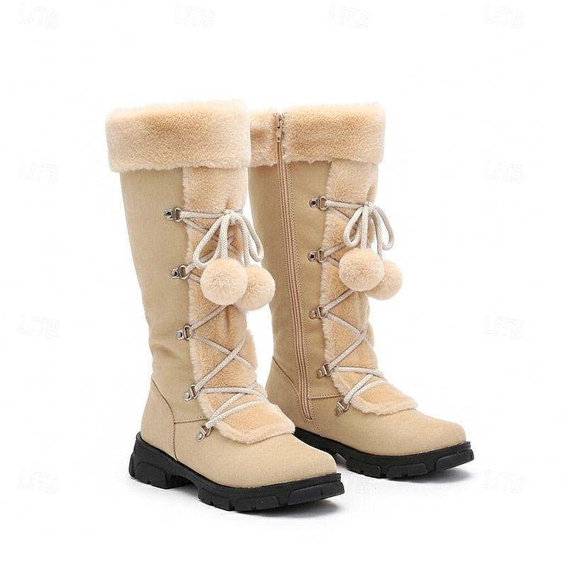 Mid Calf Winter Boots with Lace Up Design and Fur Trim Block Heel