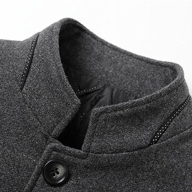 Tailored Overcoat with Stand Collar and Button Front, Hip-Length Coverage