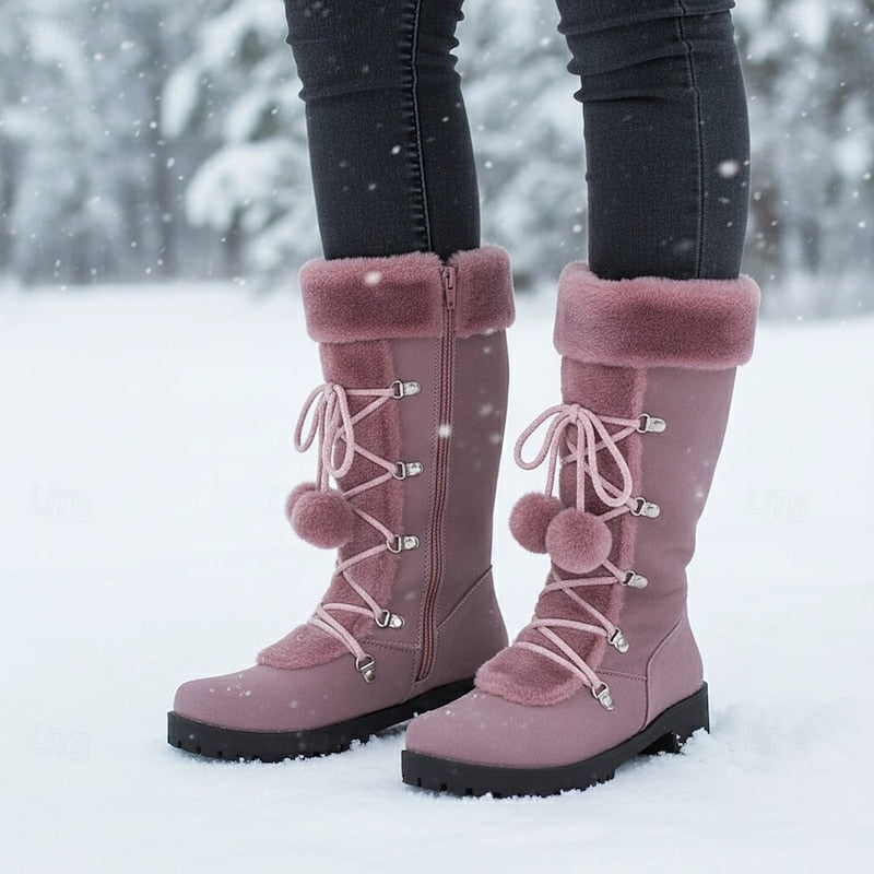 Mid Calf Winter Boots with Lace Up Design and Fur Trim Block Heel