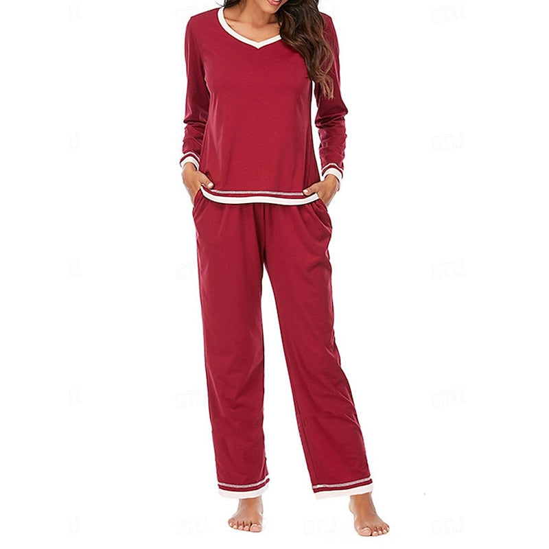 Womens Two Piece Lounge Set with Long Sleeve V Neck Top and Elastic Waist Trousers