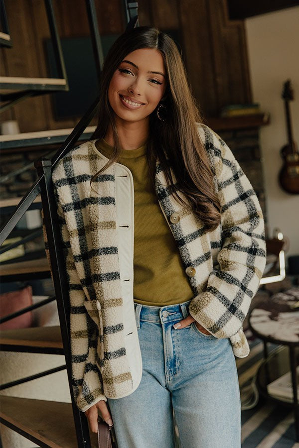Plaid Sherpa Button Down Shirt Jacket with Chest Flap Pockets
