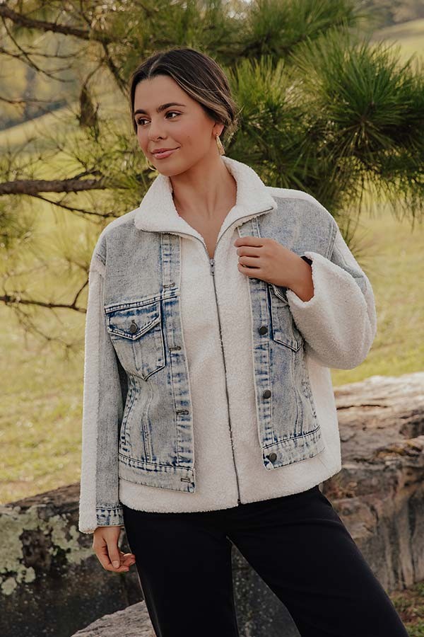 Cream Sherpa Fleece Zip Up Moto Jacket with Buckle Collar Details