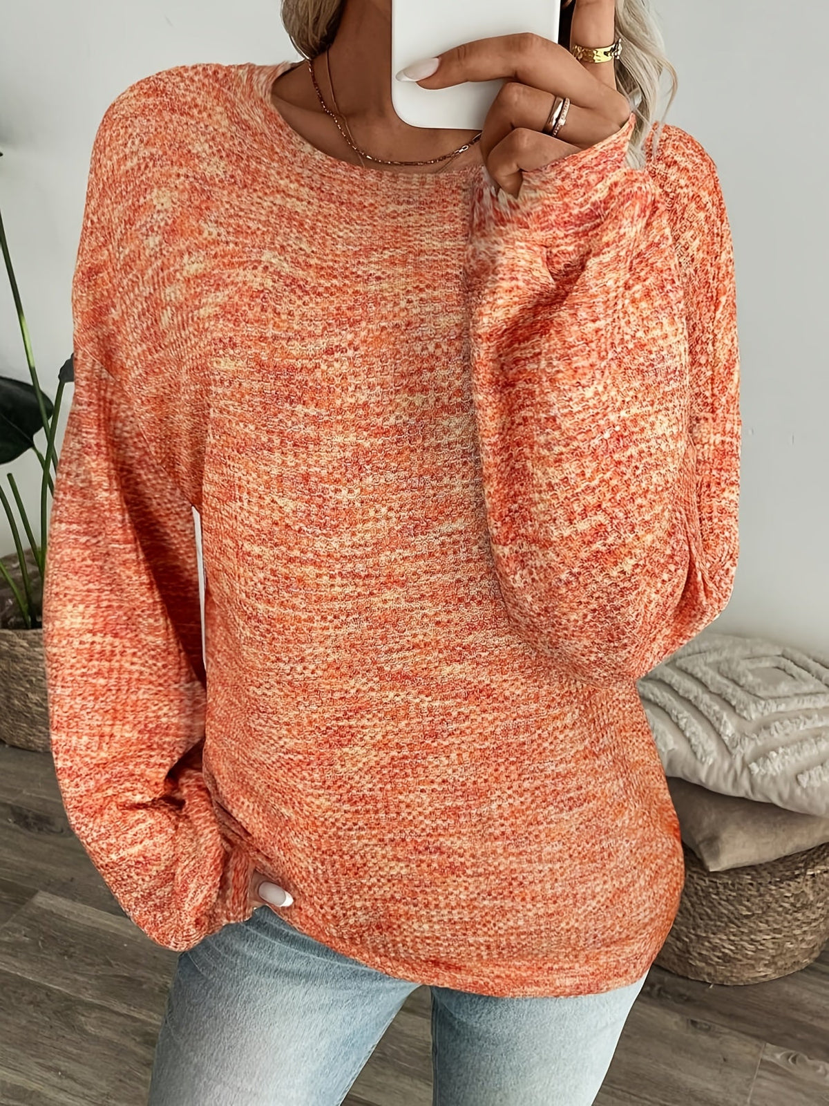 Relaxed Waffle Knit Pullover with Long Sleeves and Extended Hem