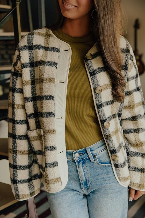 Plaid Sherpa Button Down Shirt Jacket with Chest Flap Pockets