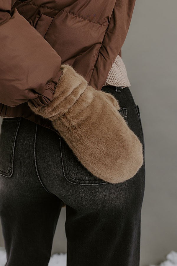 Soft Faux Fur Winter Mittens with Elastic Cuffs in Warm Taupe