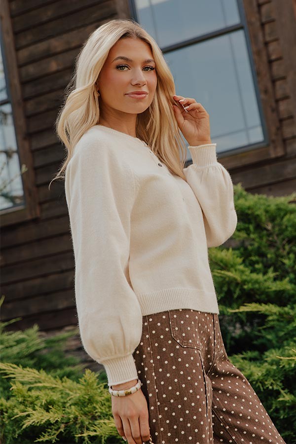 Long Sleeve Button Front Henley Sweater with Chunky Knit Texture in Cream