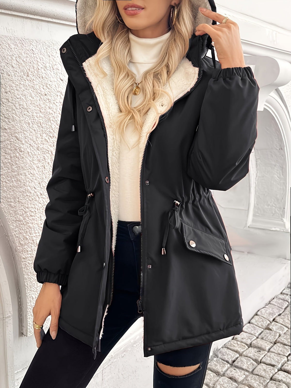 Hooded Jacket with Plush Lining and Adjustable Hood, Zip and Snap Closure