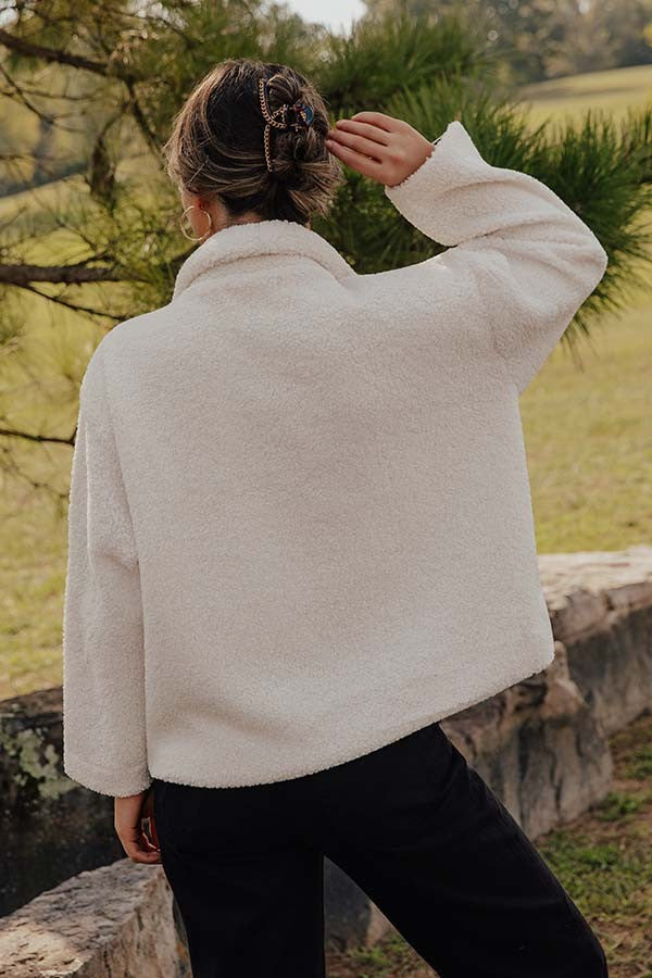 Cream Sherpa Fleece Zip Up Moto Jacket with Buckle Collar Details