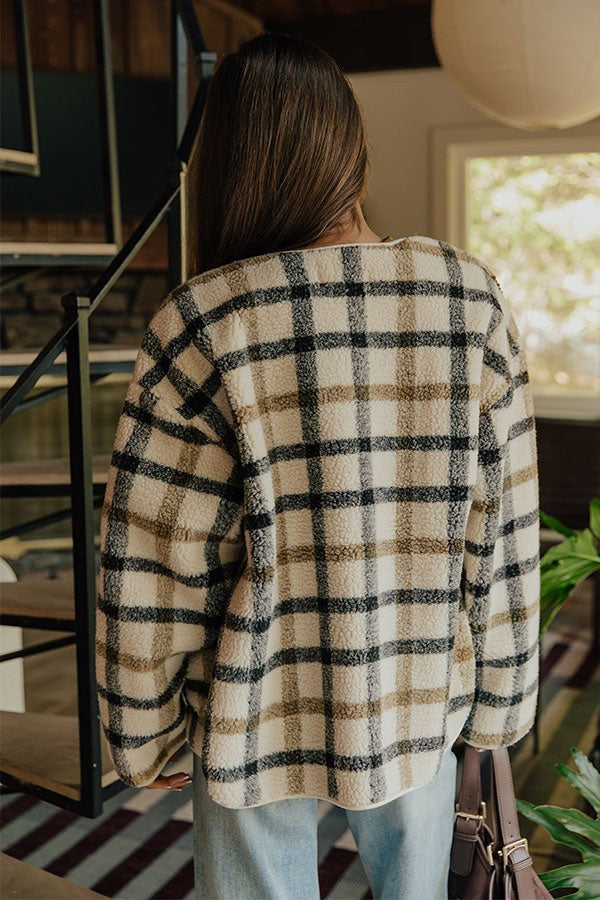 Plaid Sherpa Button Down Shirt Jacket with Chest Flap Pockets