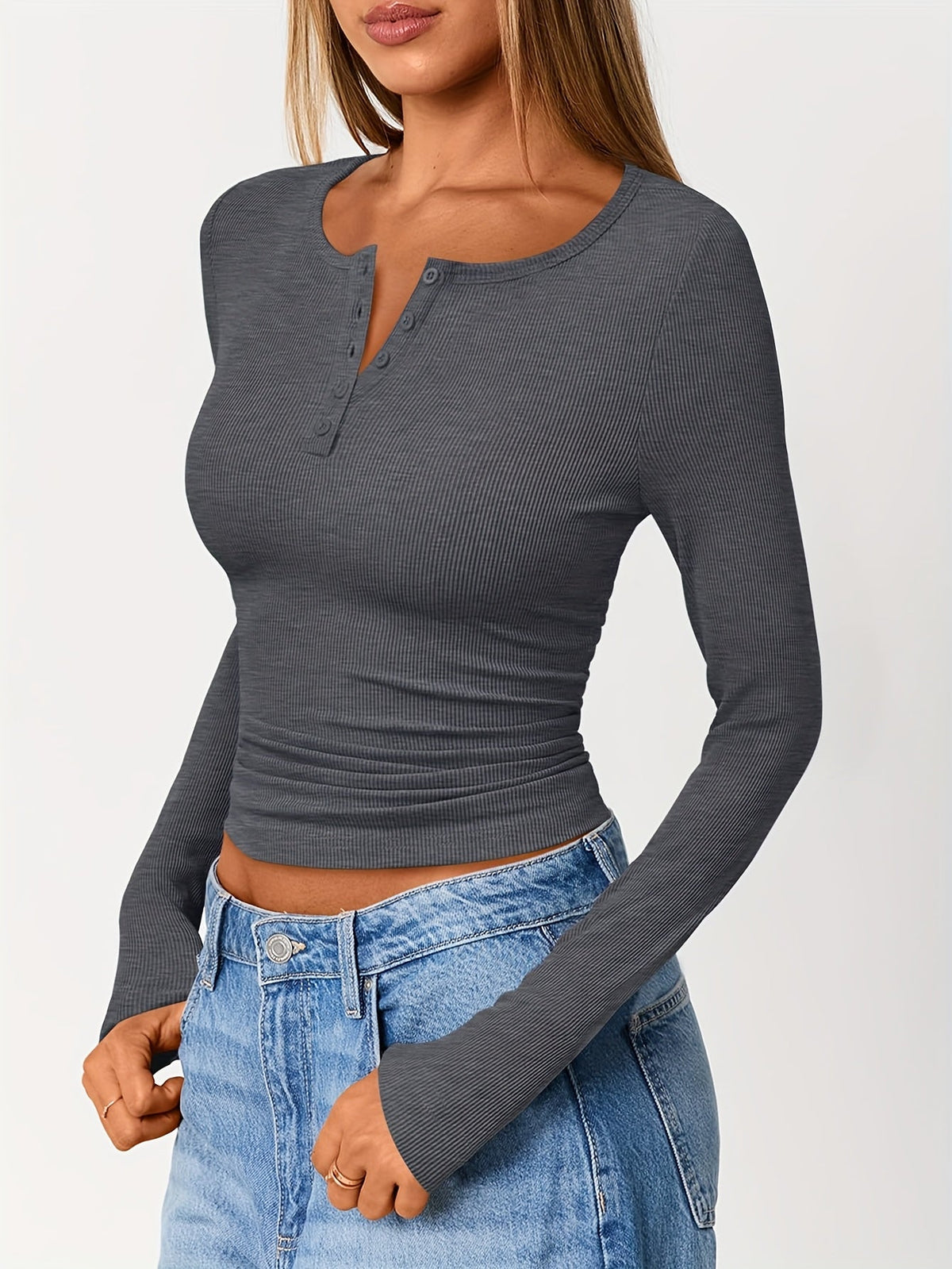 Ribbed Henley Top with Button Neckline and Long Sleeves, Close Fitting