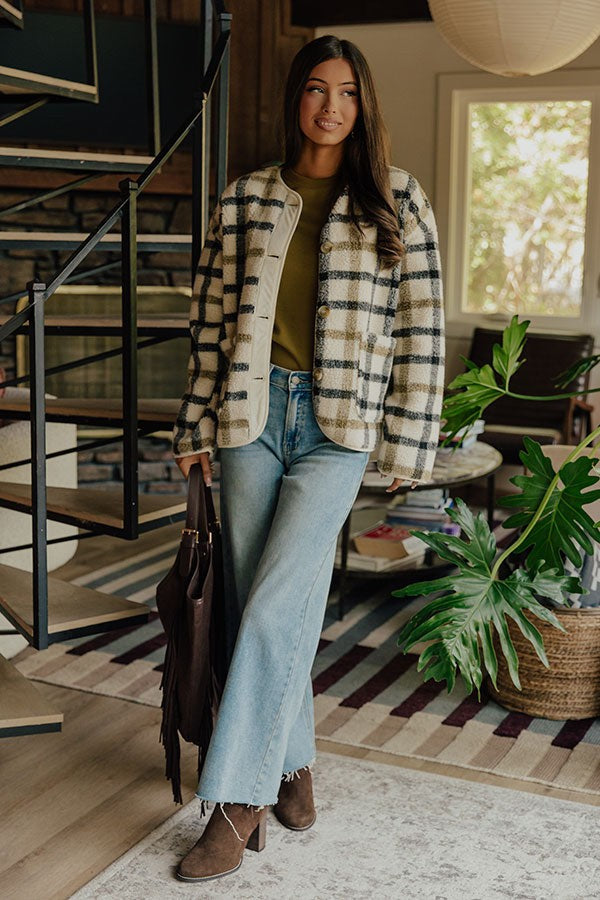 Plaid Sherpa Button Down Shirt Jacket with Chest Flap Pockets
