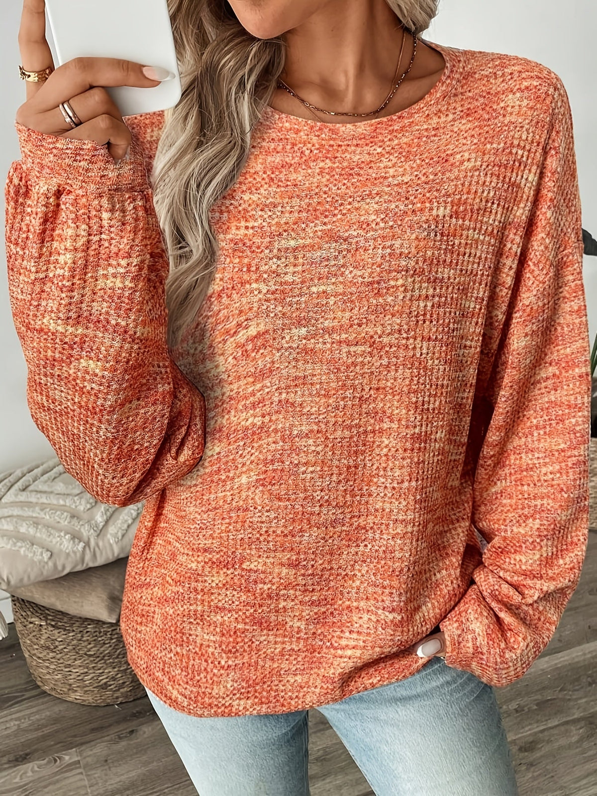 Relaxed Waffle Knit Pullover with Long Sleeves and Extended Hem