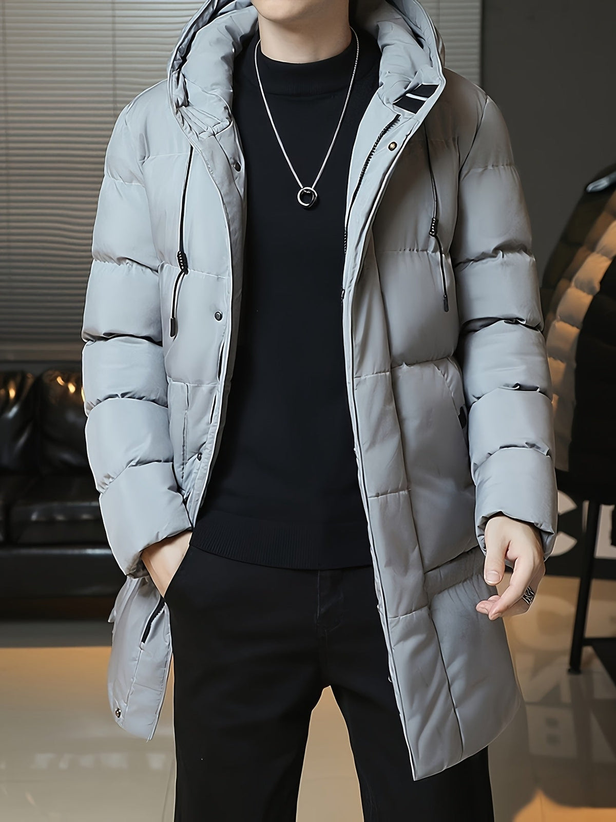 Insulated Longline Hooded Coat with Full-Length Zipper and Adjustable Hood